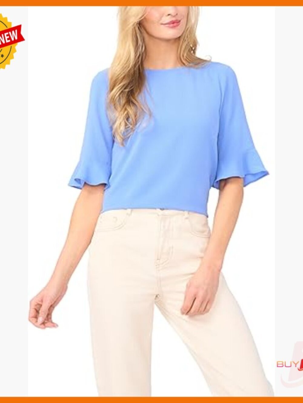 Short Sleeve Crew Neck Blouse with Ruffle Cuffs, Lightweight Stretch Fabric
